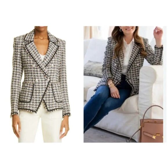 Veronica Beard Women's Theron Tweed Jacket Houndstooth Blazer Frayed Trim Size 2